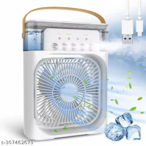 A compact portable humidifier mini mist air cooler fan. The device is small and handheld, perfect for personal use. It features a misting function for cooling and humidifying the air. The design is sleek and modern, with a white body and blue accents. Ideal for travel or use in small spaces."
