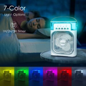 Portable Humidifier Mini Mist Air Cooler Fan with Water Spray and 3 Speed Mode , 7 Color LED and Timer, USB Personal Cooler Desk Fan for Shop, Office, Kitchen (USB Powered Mini AC, White)